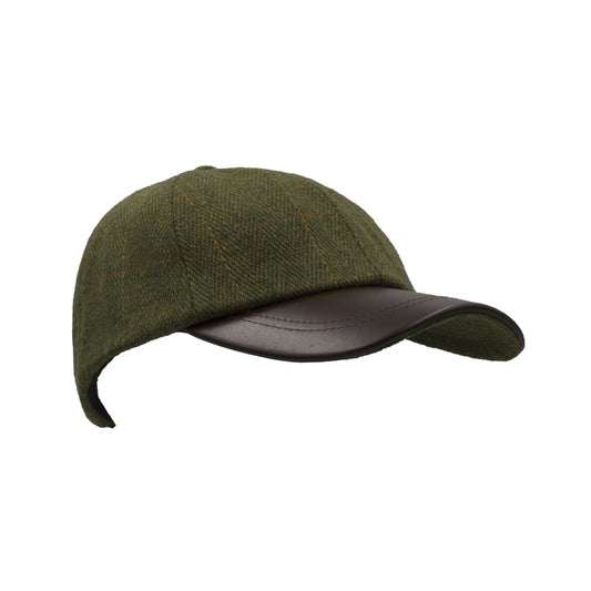 Walker & Hawkes Derby Tweed Duncan Leather Peak Baseball Cap in Dark Sage