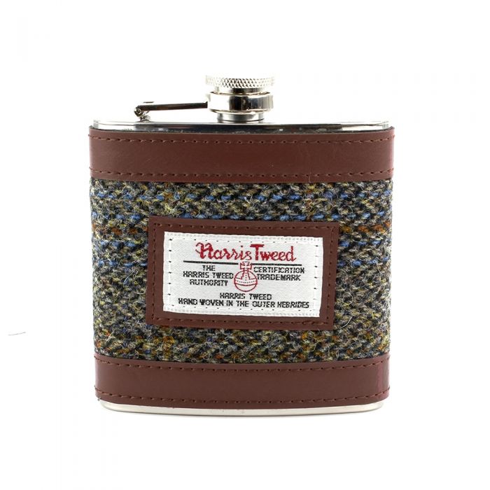 Harris Tweed Hip Flask in Brown Check Tweed
