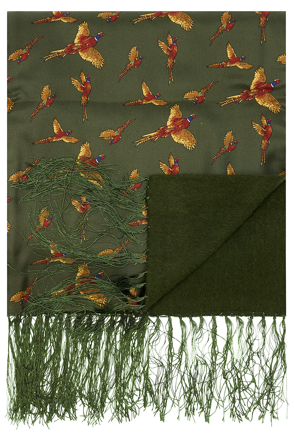 Flying Pheasants Green Wool & Silk Scarf
