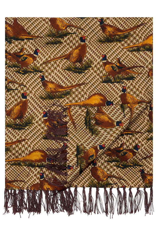 Pheasants on Tweed Ground Silk Aviator Scarf