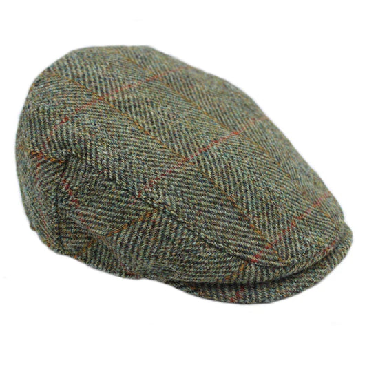 Harris Tweed Sage with Wine & Gold Overcheck Herringbone Flat Cap