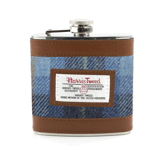 Harris Tweed Hip Flask in Light Blue Check Tweed