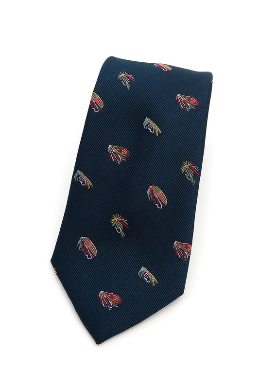 Fishing Flies Country Silk Tie in Navy Blue