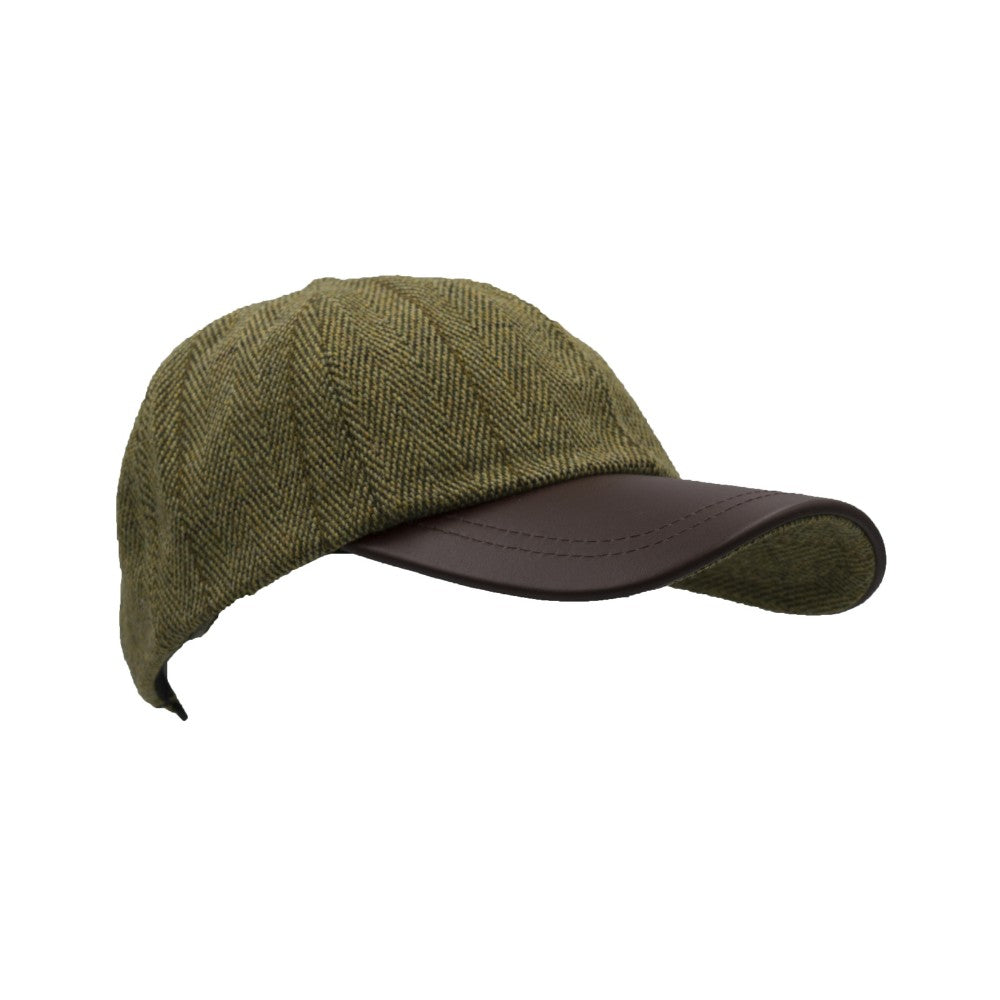Walker & Hawkes Derby Tweed Duncan Leather Peak Baseball Cap in Dark Sage