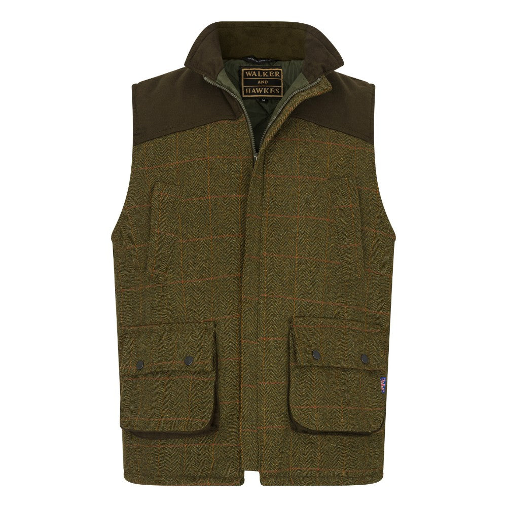 Men's Walker & Hawkes Tweed Warrington Shooting Gilet W/Shoulder Patch in Dark Sage