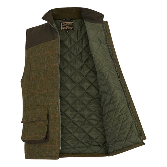 Men's Walker & Hawkes Tweed Warrington Shooting Gilet W/Shoulder Patch in Dark Sage