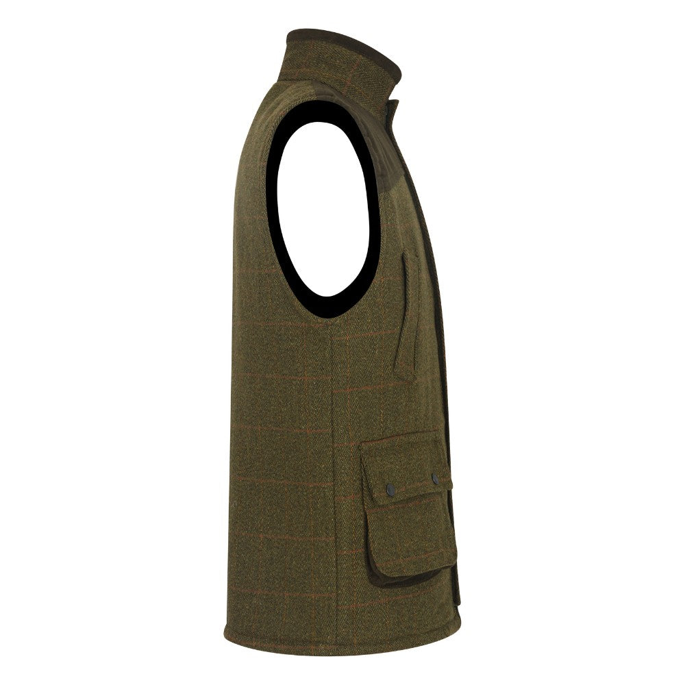 Men's Walker & Hawkes Tweed Warrington Shooting Gilet W/Shoulder Patch in Dark Sage