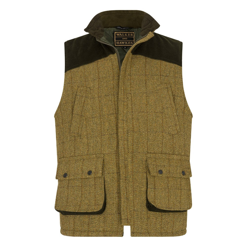 Men's Walker & Hawkes Tweed Warrington Shooting Gilet W/Shoulder Patch in Light Sage