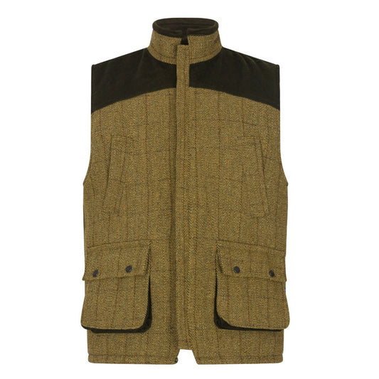 Men's Walker & Hawkes Tweed Warrington Shooting Gilet W/Shoulder Patch in Light Sage