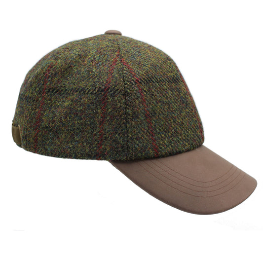 Harris Tweed Ladies Green Check Leather Peak Baseball Cap