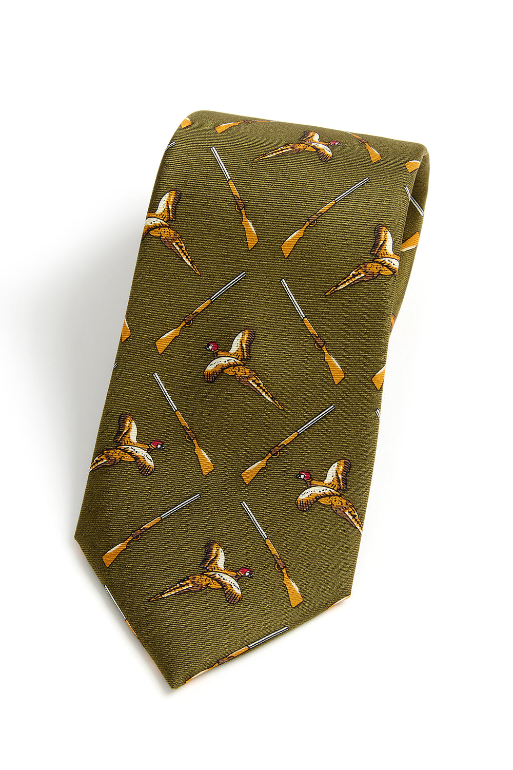 Flying Pheasant and Shotgun Silk Tie in Green