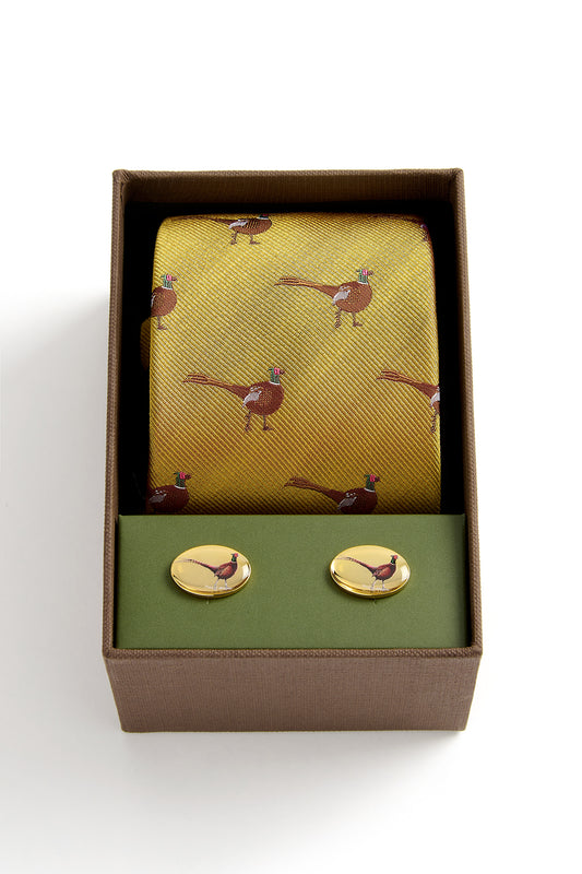 Pheasant Tie & Cufflink Set In Gold